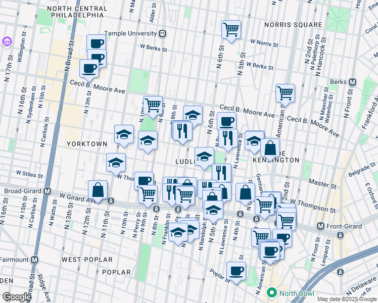 map of restaurants, bars, coffee shops, grocery stores, and more near 1443 North 7th Street in Philadelphia