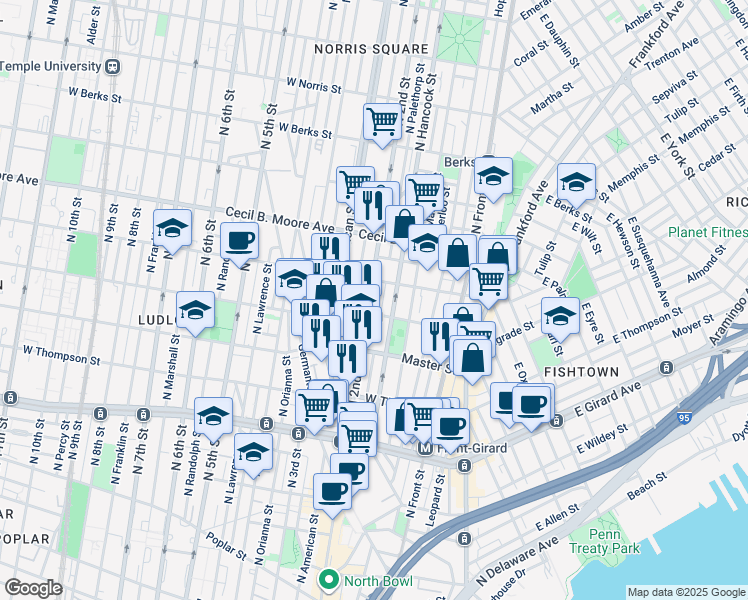 map of restaurants, bars, coffee shops, grocery stores, and more near 1519 North 2nd Street in Philadelphia