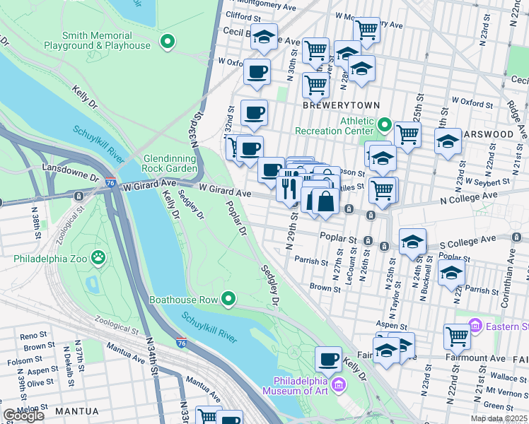 map of restaurants, bars, coffee shops, grocery stores, and more near 922 North 30th Street in Philadelphia