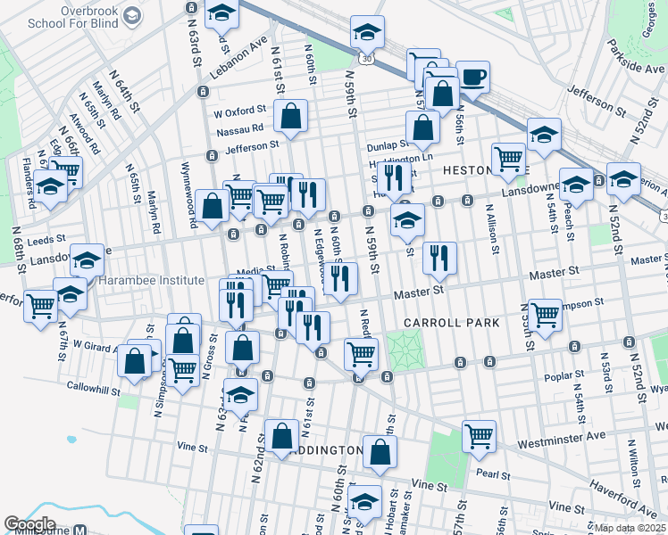 map of restaurants, bars, coffee shops, grocery stores, and more near 1460 North 60th Street in Philadelphia