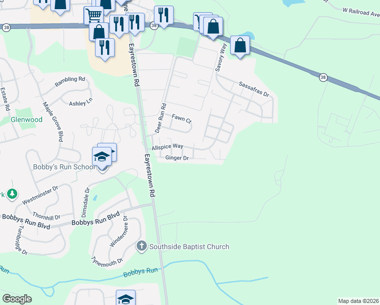 map of restaurants, bars, coffee shops, grocery stores, and more near 68 Ginger Drive in Lumberton