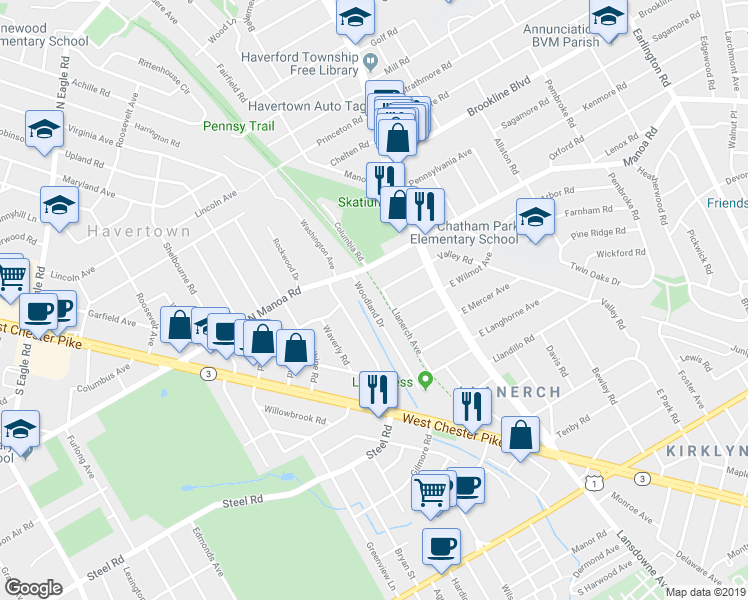 map of restaurants, bars, coffee shops, grocery stores, and more near 819 Woodland Drive in Havertown