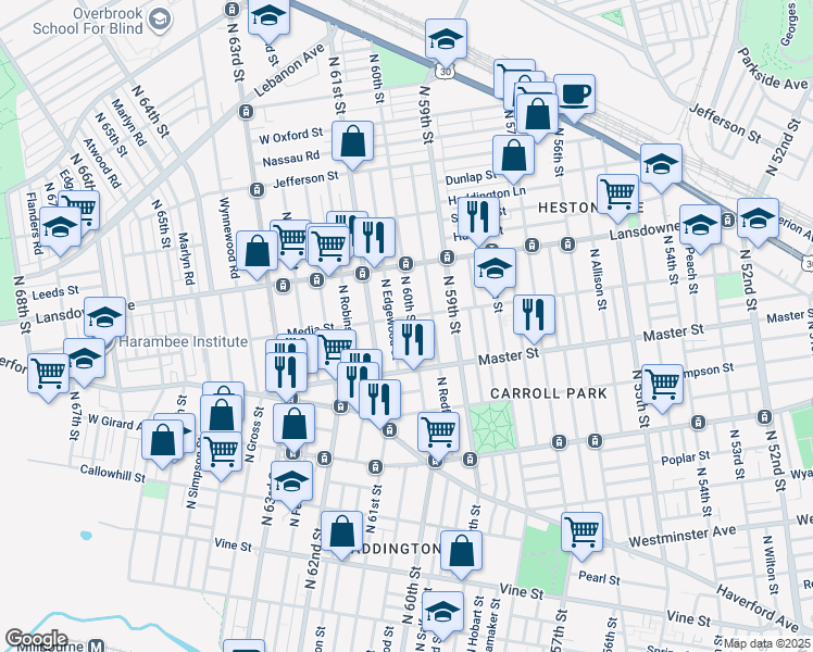 map of restaurants, bars, coffee shops, grocery stores, and more near 1460 North 60th Street in Philadelphia