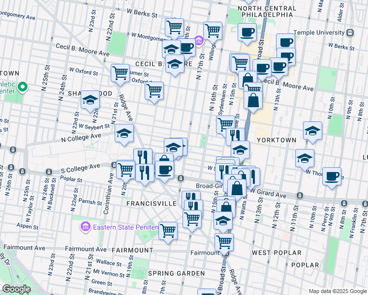 map of restaurants, bars, coffee shops, grocery stores, and more near 1720 West Seybert Street in Philadelphia