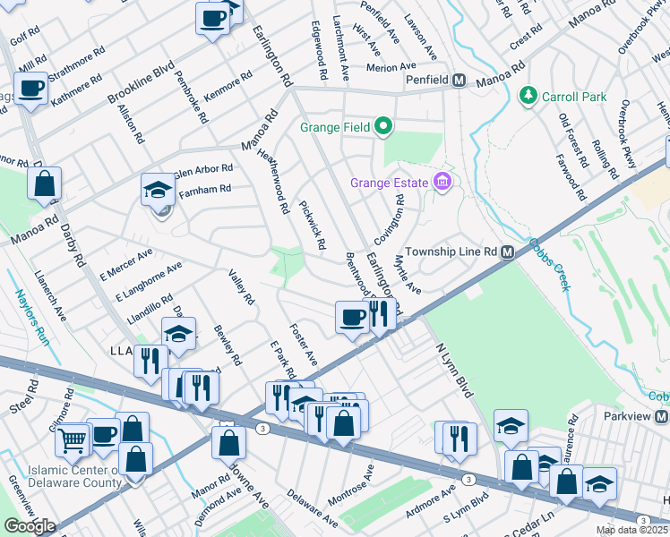 map of restaurants, bars, coffee shops, grocery stores, and more near 411 Covington Road in Havertown