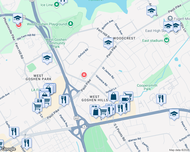 map of restaurants, bars, coffee shops, grocery stores, and more near 1106 Paoli Pike in West Chester