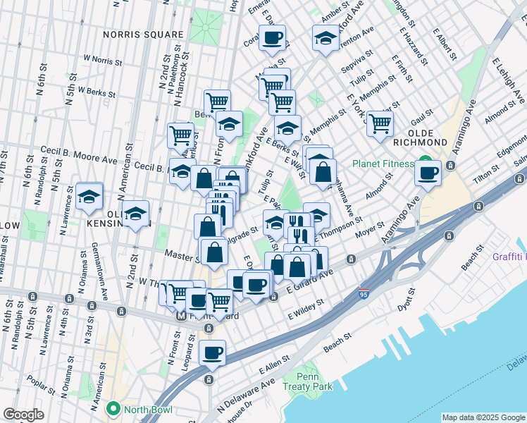map of restaurants, bars, coffee shops, grocery stores, and more near 447 Miller Street in Philadelphia