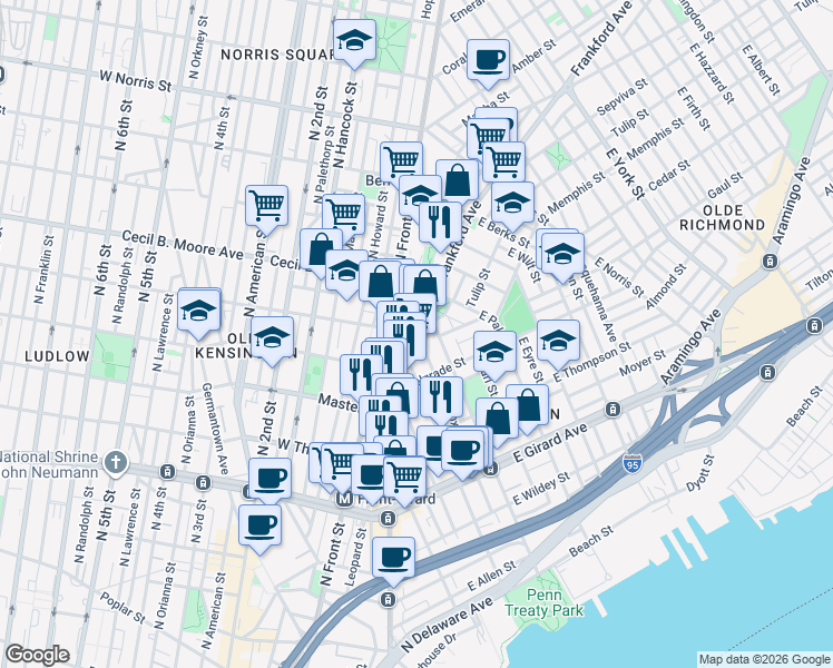 map of restaurants, bars, coffee shops, grocery stores, and more near Frankford Ave & E Oxford St in Philadelphia