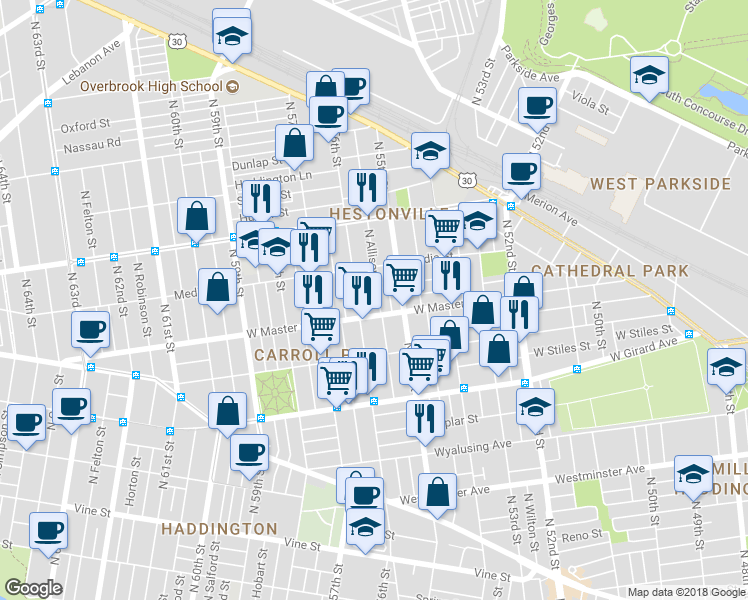 map of restaurants, bars, coffee shops, grocery stores, and more near 1420 North Allison Street in Philadelphia