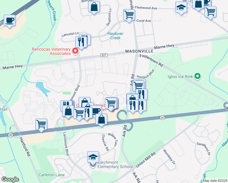 map of restaurants, bars, coffee shops, grocery stores, and more near 992A Scotswood Court in Mount Laurel Township