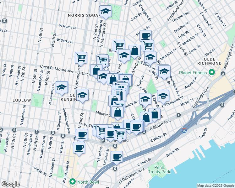 map of restaurants, bars, coffee shops, grocery stores, and more near 22 West Oxford Street in Philadelphia