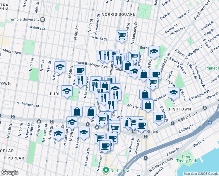 map of restaurants, bars, coffee shops, grocery stores, and more near in Philadelphia