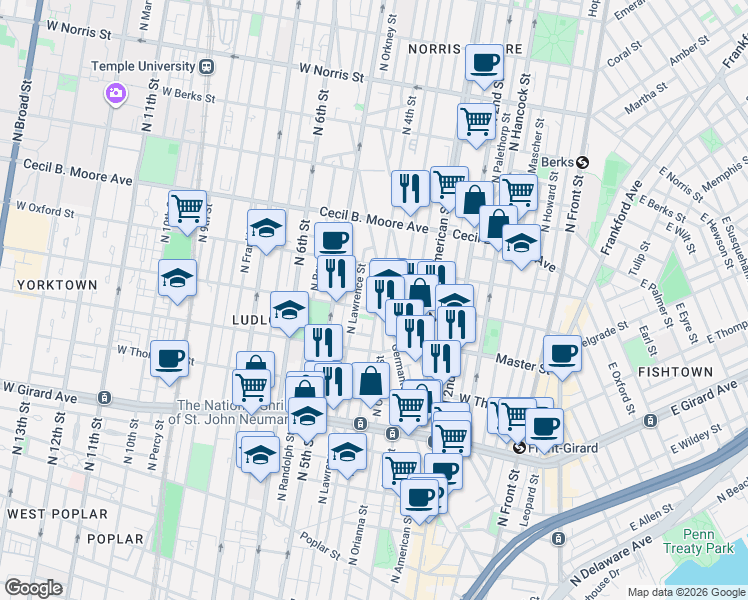 map of restaurants, bars, coffee shops, grocery stores, and more near 1442 North 4th Street in Philadelphia