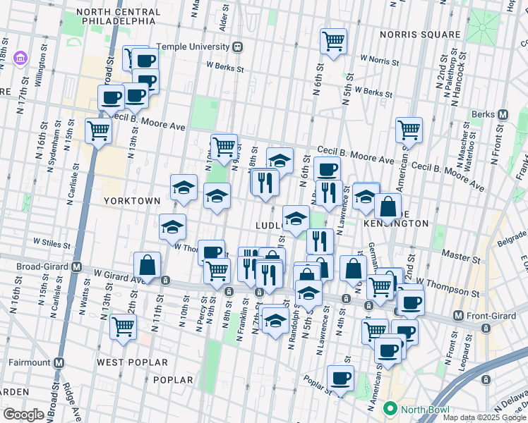 map of restaurants, bars, coffee shops, grocery stores, and more near 1412 North Franklin Street in Philadelphia