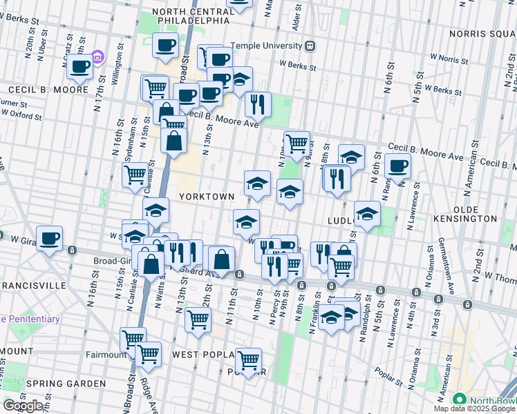 map of restaurants, bars, coffee shops, grocery stores, and more near 1331 North 11th Street in Philadelphia