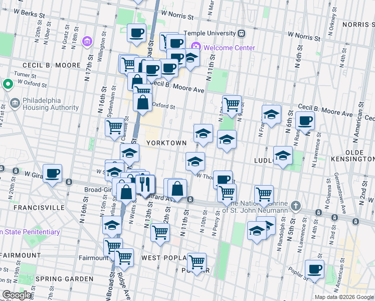 map of restaurants, bars, coffee shops, grocery stores, and more near 1116 Master Street in Philadelphia