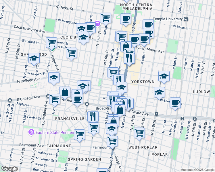 map of restaurants, bars, coffee shops, grocery stores, and more near 1538 West Thompson Street in Philadelphia
