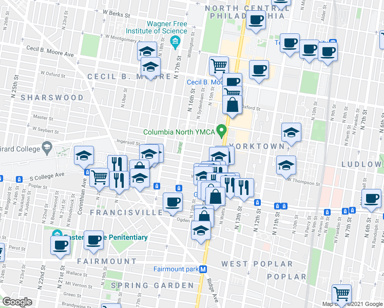 map of restaurants, bars, coffee shops, grocery stores, and more near 1538 West Thompson Street in Philadelphia