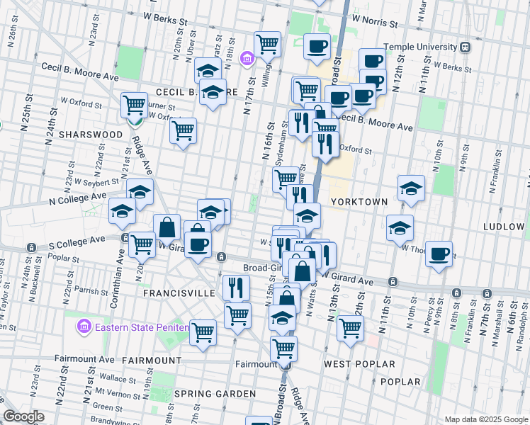 map of restaurants, bars, coffee shops, grocery stores, and more near 1538 West Thompson Street in Philadelphia