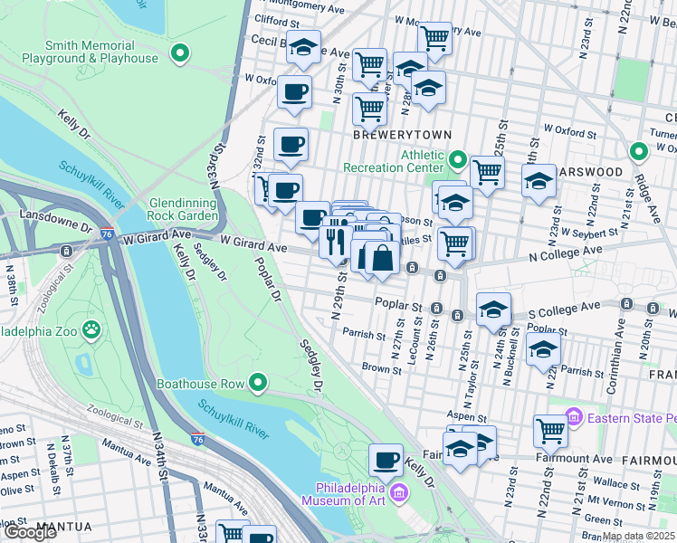 map of restaurants, bars, coffee shops, grocery stores, and more near 930 North 29th Street in Philadelphia