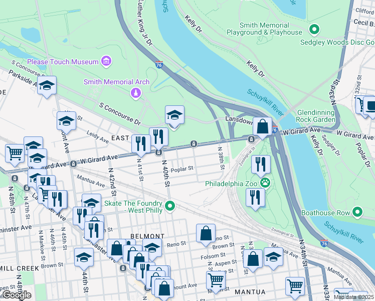 map of restaurants, bars, coffee shops, grocery stores, and more near 1129 State Street in Philadelphia