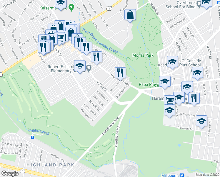 map of restaurants, bars, coffee shops, grocery stores, and more near 7474 Rhoads Street in Philadelphia