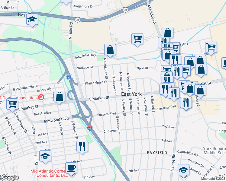 map of restaurants, bars, coffee shops, grocery stores, and more near 1925 Pennsylvania 462 in East York