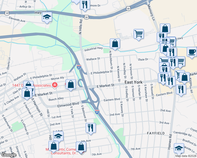 map of restaurants, bars, coffee shops, grocery stores, and more near 1775 East Market Street in East York