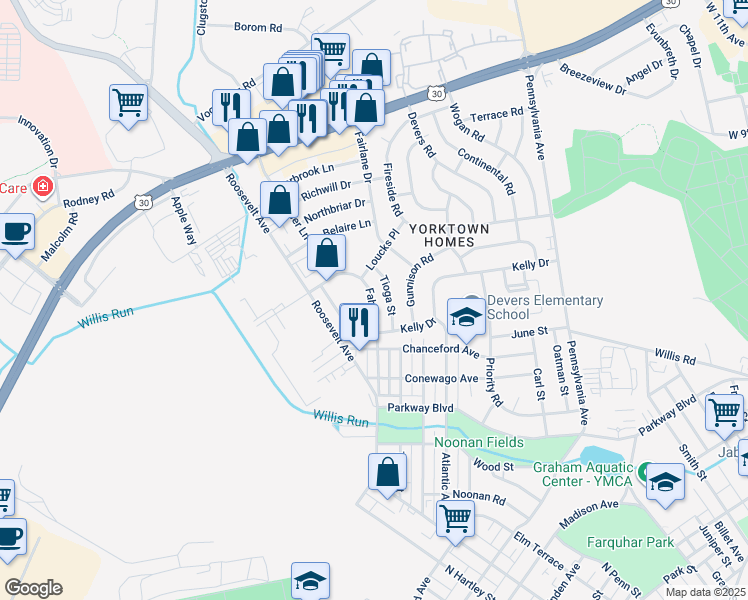 map of restaurants, bars, coffee shops, grocery stores, and more near 840 Fahs Street in York