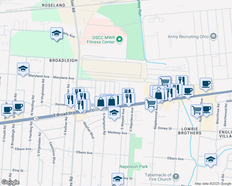 map of restaurants, bars, coffee shops, grocery stores, and more near 40 North Waverly Street in Columbus