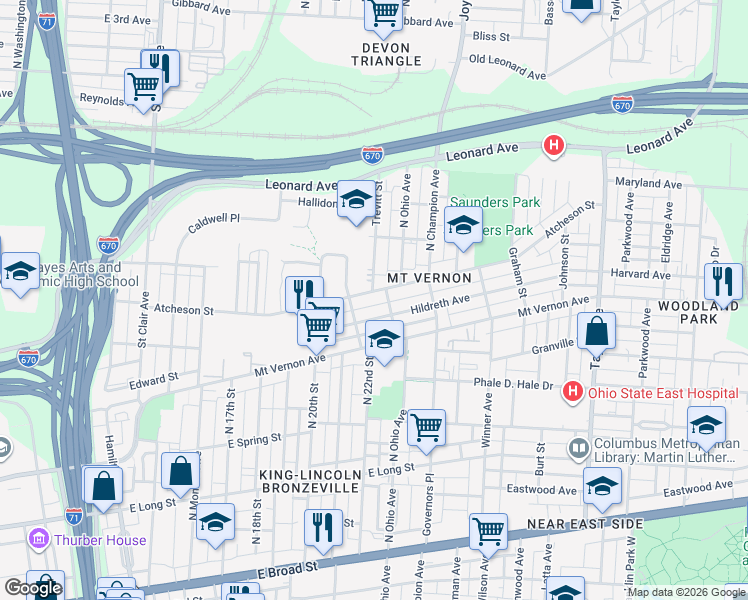 map of restaurants, bars, coffee shops, grocery stores, and more near 1176 Hildreth Avenue in Columbus