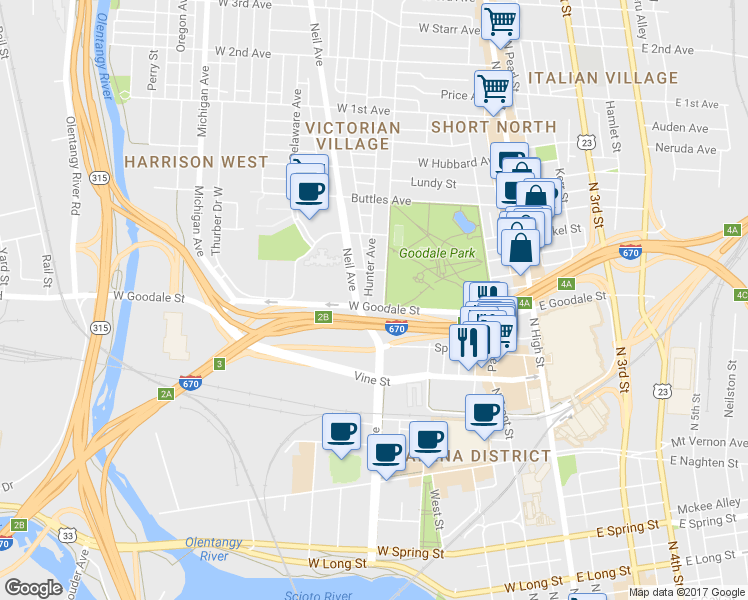 map of restaurants, bars, coffee shops, grocery stores, and more near 614 Hunter Avenue in Columbus