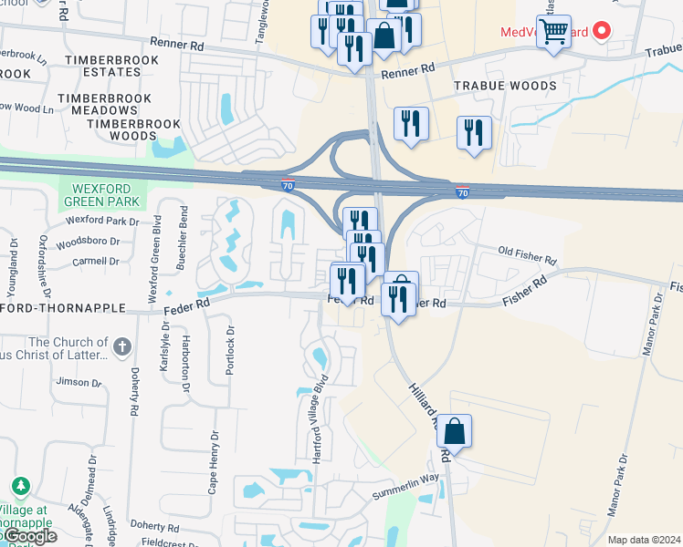 map of restaurants, bars, coffee shops, grocery stores, and more near 1121 Mirror Lake Place in Columbus