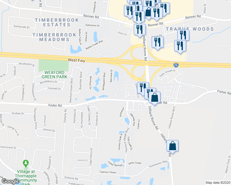 map of restaurants, bars, coffee shops, grocery stores, and more near 1064 Waterford Pointe Circle in Columbus