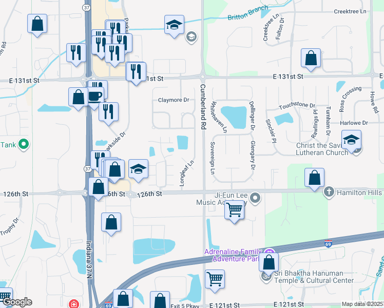 map of restaurants, bars, coffee shops, grocery stores, and more near 12841 Longleaf Lane in Fishers