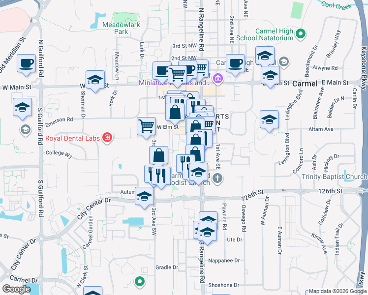 map of restaurants, bars, coffee shops, grocery stores, and more near 591 Monon Boulevard in Carmel