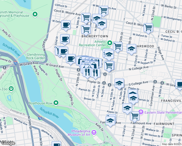 map of restaurants, bars, coffee shops, grocery stores, and more near 2726 West Girard Avenue in Philadelphia