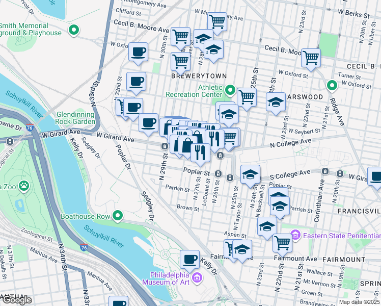 map of restaurants, bars, coffee shops, grocery stores, and more near 2728 Cambridge Street in Philadelphia