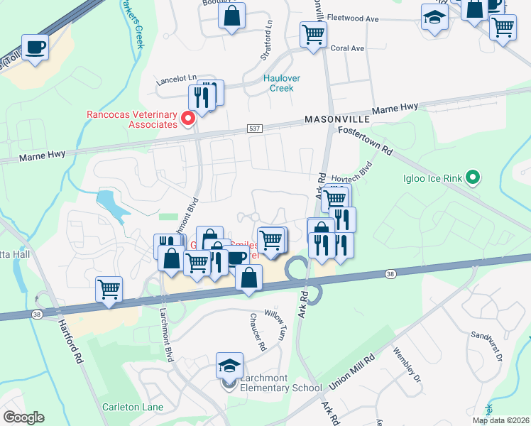 map of restaurants, bars, coffee shops, grocery stores, and more near 992A Scotswood Court in Mount Laurel Township