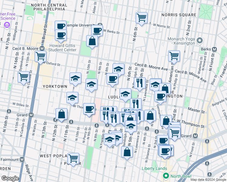 map of restaurants, bars, coffee shops, grocery stores, and more near 1436 North 7th Street in Philadelphia