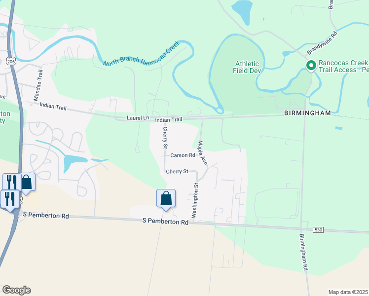 map of restaurants, bars, coffee shops, grocery stores, and more near 110 Carson Road in Southampton Township