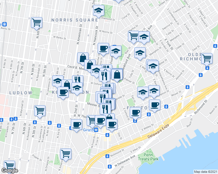 map of restaurants, bars, coffee shops, grocery stores, and more near 26 West Oxford Street in Philadelphia