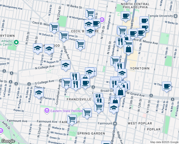 map of restaurants, bars, coffee shops, grocery stores, and more near 1743 West Thompson Street in Philadelphia