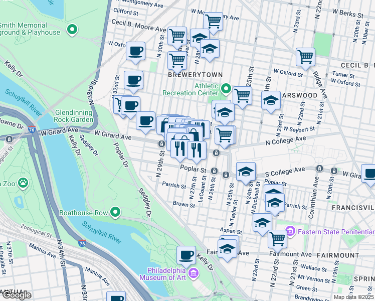 map of restaurants, bars, coffee shops, grocery stores, and more near 2726 West Girard Avenue in Philadelphia