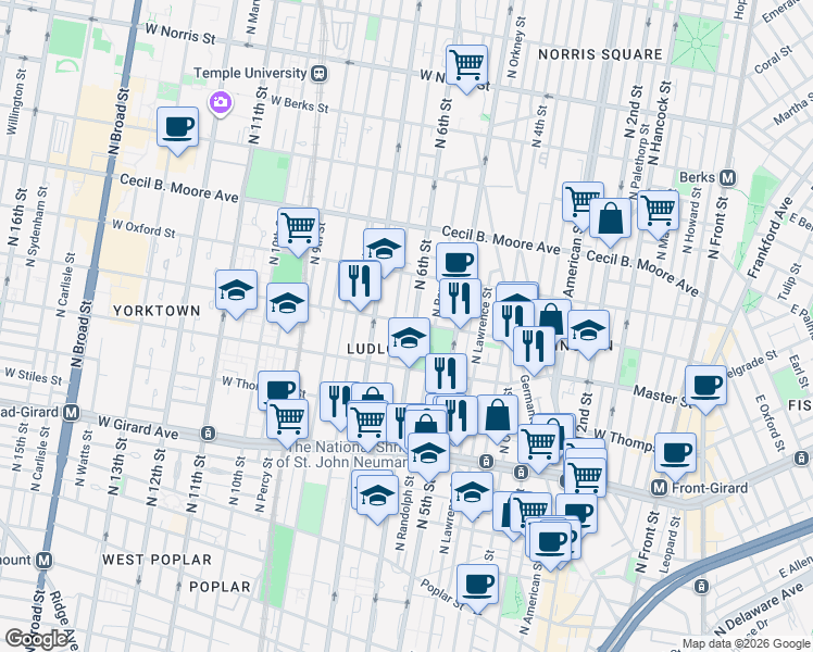 map of restaurants, bars, coffee shops, grocery stores, and more near in Philadelphia