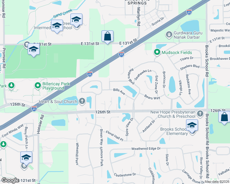 map of restaurants, bars, coffee shops, grocery stores, and more near 11891 Bills Avenue in Fishers