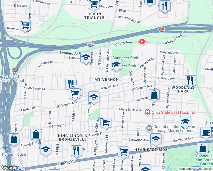 map of restaurants, bars, coffee shops, grocery stores, and more near 1290 Mount Vernon Avenue in Columbus