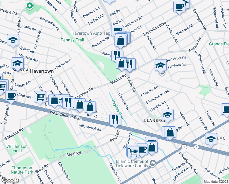 map of restaurants, bars, coffee shops, grocery stores, and more near 819 Woodland Drive in Havertown