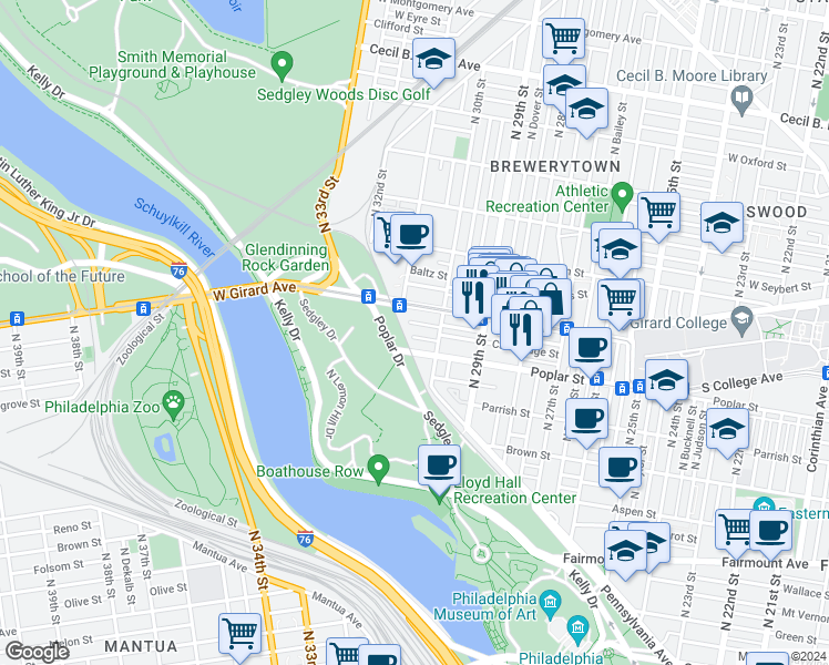 map of restaurants, bars, coffee shops, grocery stores, and more near 3037 Cambridge Street in Philadelphia
