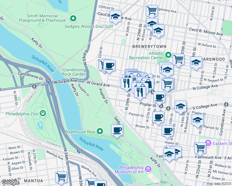 map of restaurants, bars, coffee shops, grocery stores, and more near 922 North 30th Street in Philadelphia